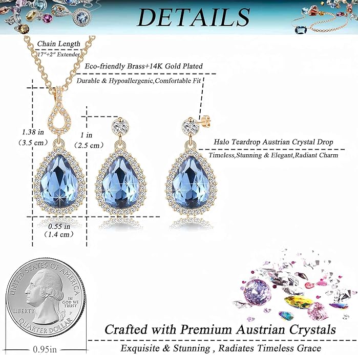 Austrian Crystals Teardrop Pendant Necklace Earrings for Women 14K Gold Plated Hypoallergenic Jewelry Set