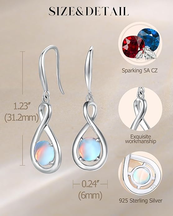 FANCIME Dangle Drop Earrings 925 Sterling Silver Dainty Infinity Round Gemstone Birthstone Jewelry Birthday Gifts for Her Women