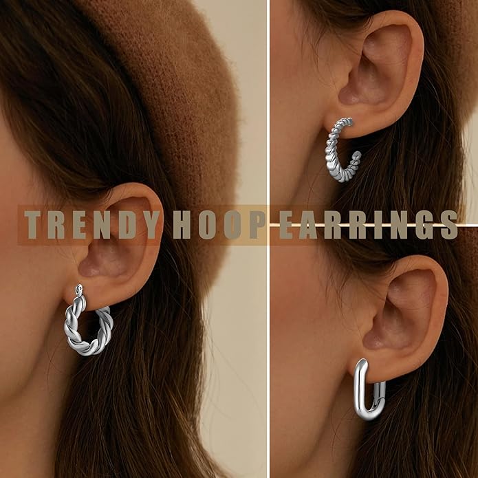 6 Pairs 14K Gold Plated Hoop Earrings for Women Trendy Chunky Lightweight Hoop Earrings Multipack Hypoallergenic, Thick Twisted Huggie Hoops Earring Set Jewelry for Gifts