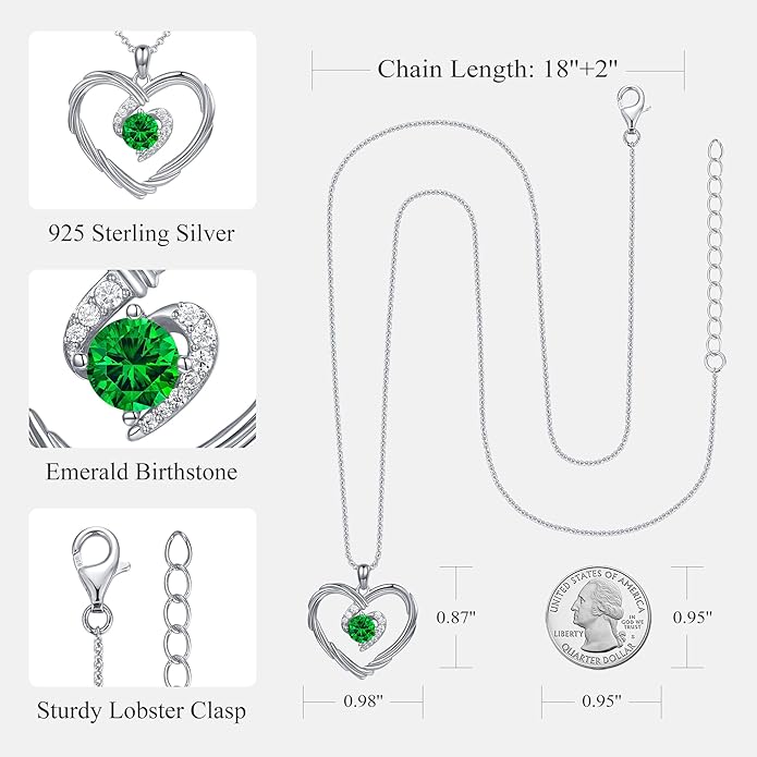 G&GEMSJEW 18K Gold Heart Birthstone Necklaces for Women, S925 Sterling Silver Jewelry Birthday Gifts for Women Wife Girlfriend Mom, Anniversary Christmas Valentines Gifts