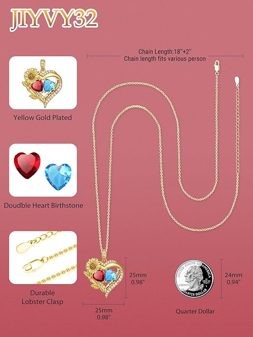 Sunflower Heart Necklace for Women 14K Gold Exquisite Anniversary Birthday Gifts for Wife Mother Her Double Birthstone Pendant jewelry‘You Are My Sunshine’