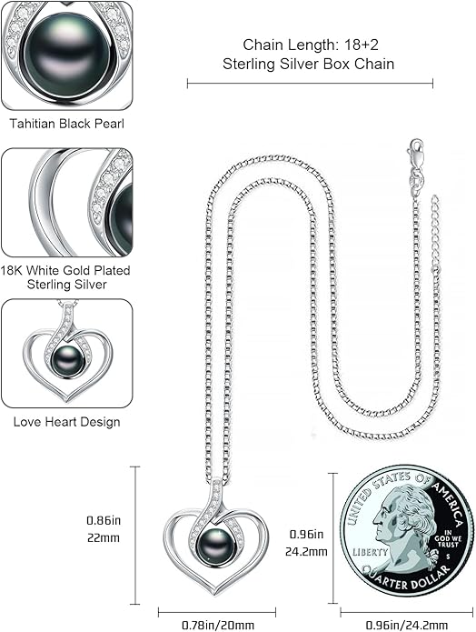 KANNSOAR Tahitian Black Pearl AAAA 18K White Gold Plated Sterling Silver Heart Pendant Necklace for Women Wife Mom Girlfriend Valentine Her Jewelry Gift for Anniversary Birthday Christmas