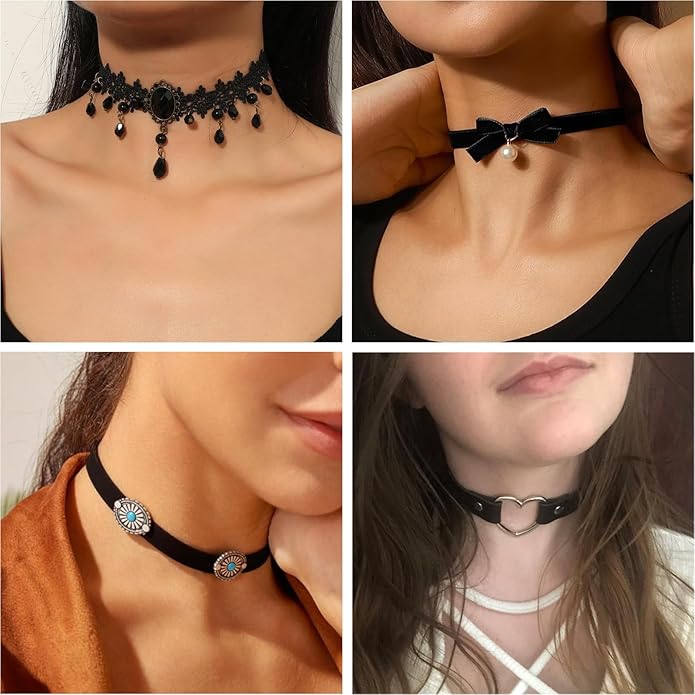 4 Pcs Choker Necklace For Women Black Adjustable Layered Velvet Leather Lace Collar Necklace Goth Jewelry Gifts