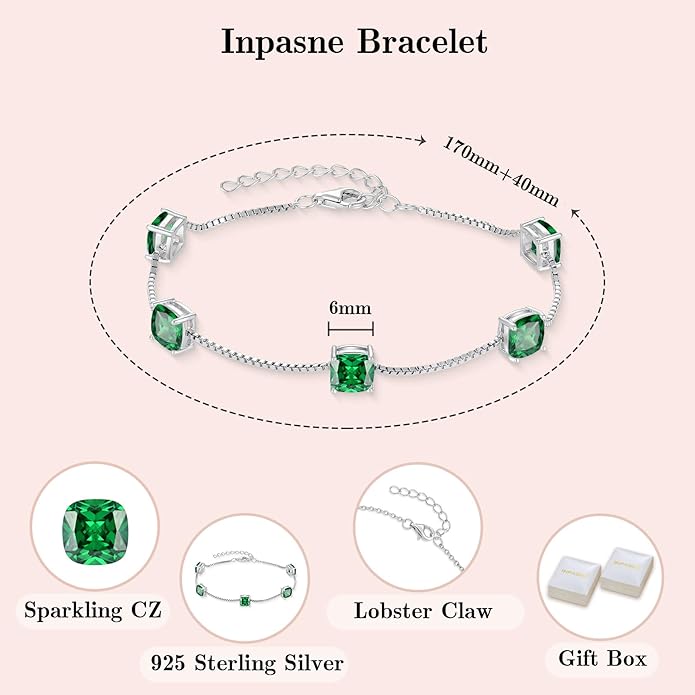 Birthstone Bracelet for Women 925 Sterling Silver Dainty Princess Cut Link Bracelet Jewelry Gifts for Her