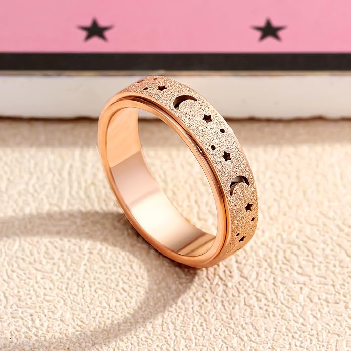 AmorArtSky Anxiety Ring for Women Men, Titanium Stainless Steel Spinner Ring, 5 Colors, 6MM, Size 6-10, 3 Styles Anxiety Ring-Moon Star, Sandblasted Finished, Hollow Outer