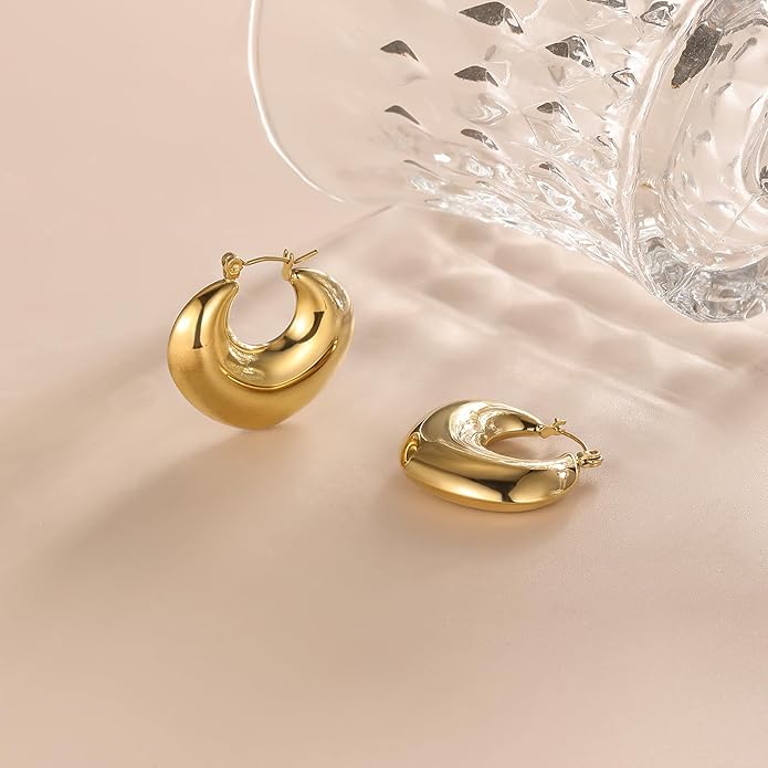 8YEARS Chunky Gold Hoop Earring for Women, 18K Gold Plated Lightweight Thick Hoops, Hypoallergenic Trendy Jewelry for Gift