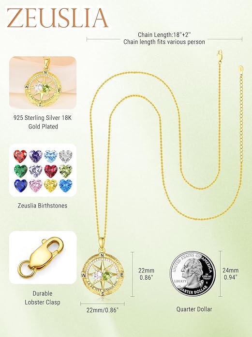 Zeuslia Double Birthstone Necklace Gifts for Wife - 925 Sterling Silver Sunflower/Rose/Crown Cross/Compass/Heart Pendant I Love You Necklace, Anniversary Birthday Gifts for Wife Girlfriend Mom Her