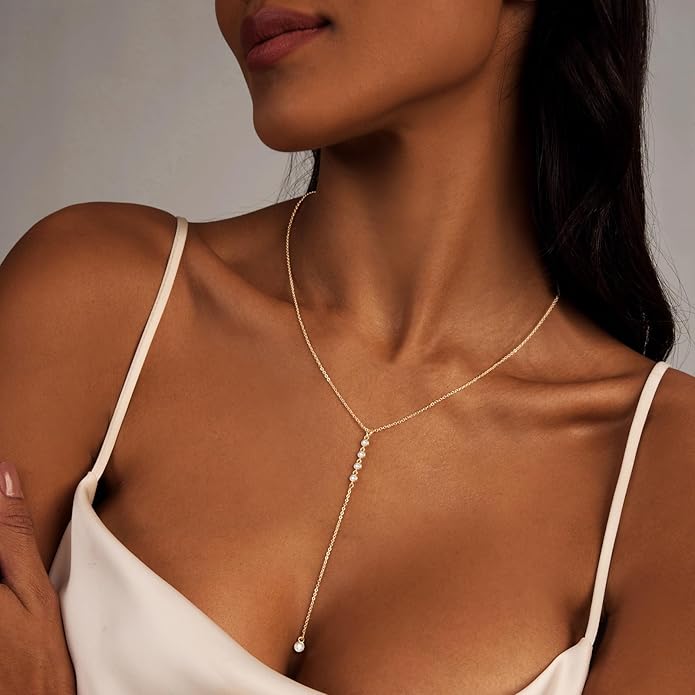 Lariat Gold Necklace for Women, Dainty Long Necklace 14k Gold Plated/Silver Y-Shaped Layered Beaded Chain Drop Necklaces for Women Trendy Simple Gold Jewelry for Women Gifts