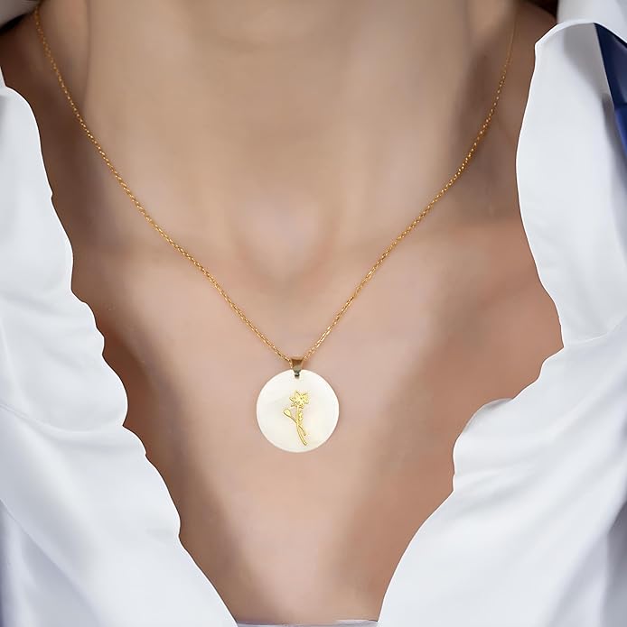 ONTHOLOGIE Birth Month Flower Necklace on Natural Mother of Pearl, 925K Sterling Silver Pendant Birth Flower Necklace, Personalized Birth Month Jewelry, Meaningful Gift for Women