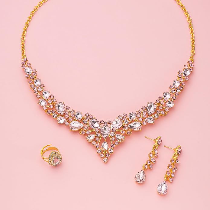 Paxuan Crystal Bridal Wedding Jewelry Sets for Women Rhinestone Teardrop Crystal Statement Choker Necklace Drop Earrings Link Bracelets Rings Teardrop Jewelry Set for Brides Bridesmaids