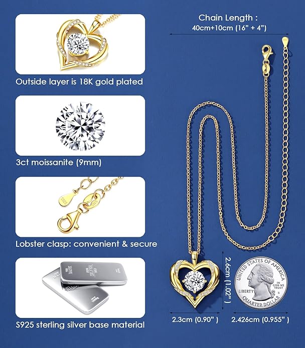 Beam & Bask 2-3 Ct Moissanite Heart Necklaces for Women, 18K Gold Plated Romantic Pendant for Anniversary Birthday, 925 Sterling Silver Jewelry for Wife Girlfriend Mom Her