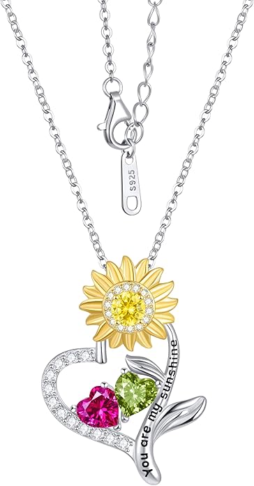 PERJI Valentine's Day Gifts for Women - 925 Sterling Silver Double Birthstone Sunflower Necklace, Anniversary Birthday Jewelry You are My Sunshine Gifts for Wife Couple Girlfriend 18"+2" Non Tarnish