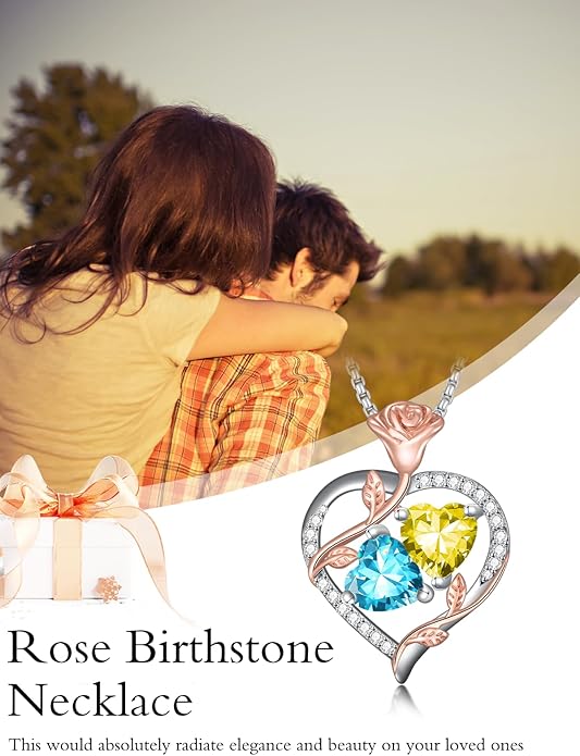 Christmas Gifts for Women Rose Heart Birthstone Pendant Necklace I Love You Forever Jewelry Valentine Mothers Day Birthday Gifts for Women Her Wife Girlfriend