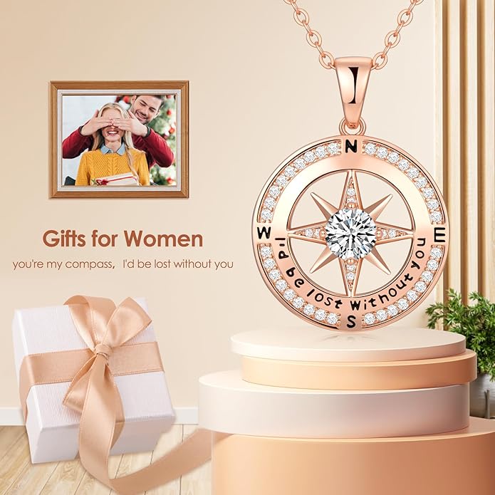 Zifeel Compass Necklace Gifts for Women wife - S925 Sterling Silver Birthstone Necklaces for Women - Anniversary Birthday Gifts for Her Wife Girlfriend - Valentines Mom Mothers Day Christmas Gifts Jewelry for Women