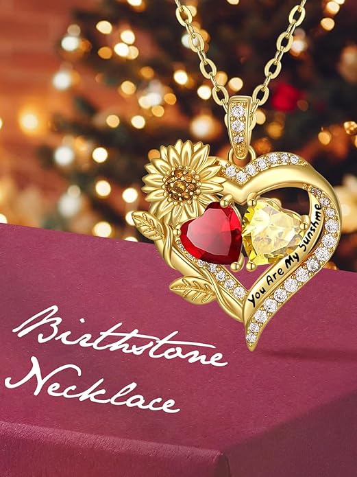 Sunflower Heart Necklace for Women 14K Gold Exquisite Anniversary Birthday Gifts for Wife Mother Her Double Birthstone Pendant jewelry‘You Are My Sunshine’