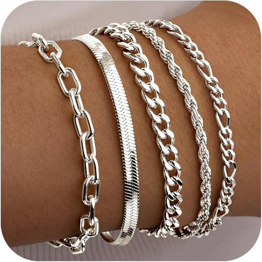 Gold Bracelets for Women Non Tainish,Dainty Bracelets Stack for Women Trendy, Gold Plated Cuff Bracelets Stack With Beaded Cuban Paperclip Snake Rope Bangle Hand Chain Jewelry Gifts for Women