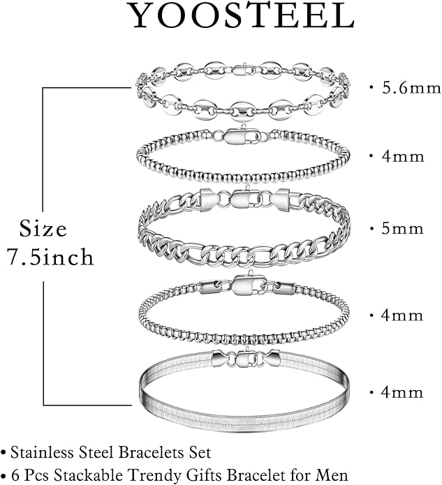 Yoosteel Mens Bracelets - Silver Chain Bracelet Stainless Steel Cuban Link Stack Bracelets Sturdy Rope Paperclip Chains Set 7.5/8.3/9 inches Trendy Jewelry for Men
