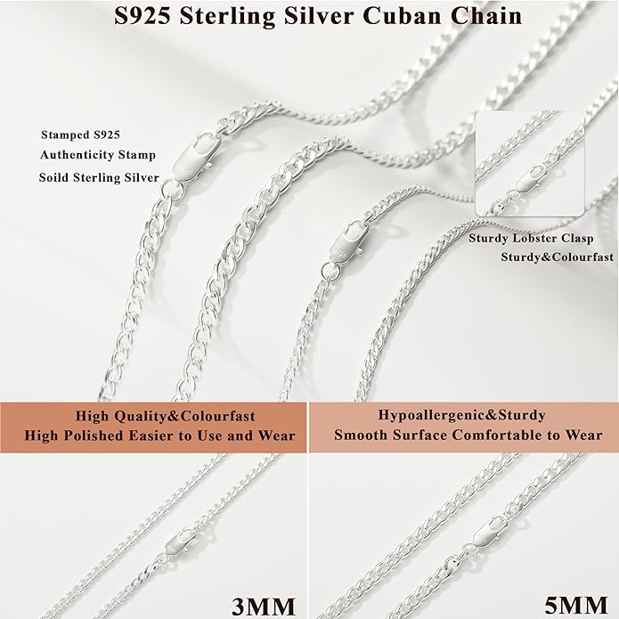 Avotto S925 Sterling Silver Cuban Chain Necklace for Women 3mm/5mm Thick Sturdy & Colourfast Women's Chain Necklaces Christmas Jewelry Gifts 16/18/20/22/24/Inch