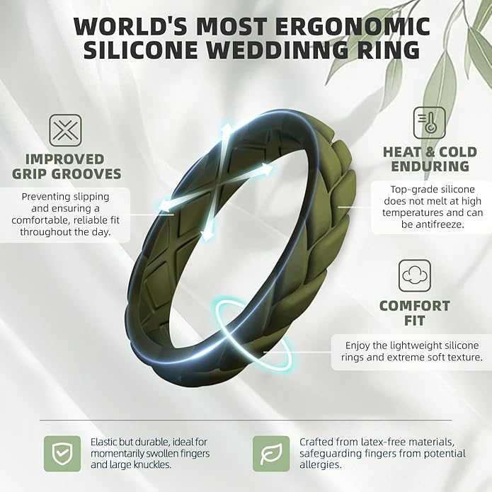 Egnaro Women's Silicone Stackable Rings 3.5mm Wide 2mm Thick, Rubber Flexible Hypoallergenic Wedding Bands For Workout Leaf Braided Fashion