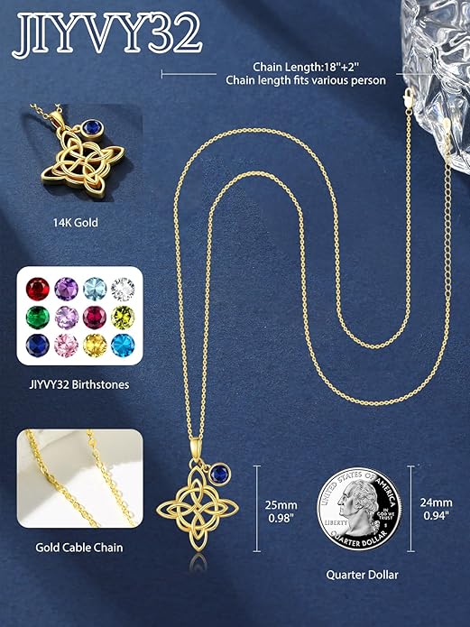 Witches Knot Necklace for Women, 14K Gold Celtic Knot Cross Jewelry with Triquetra Trinity with Birthstone Pendant, Birthday Witchy Spiritual Gifts for Her Wife Mom Grandma, 18+2 Inch Chain