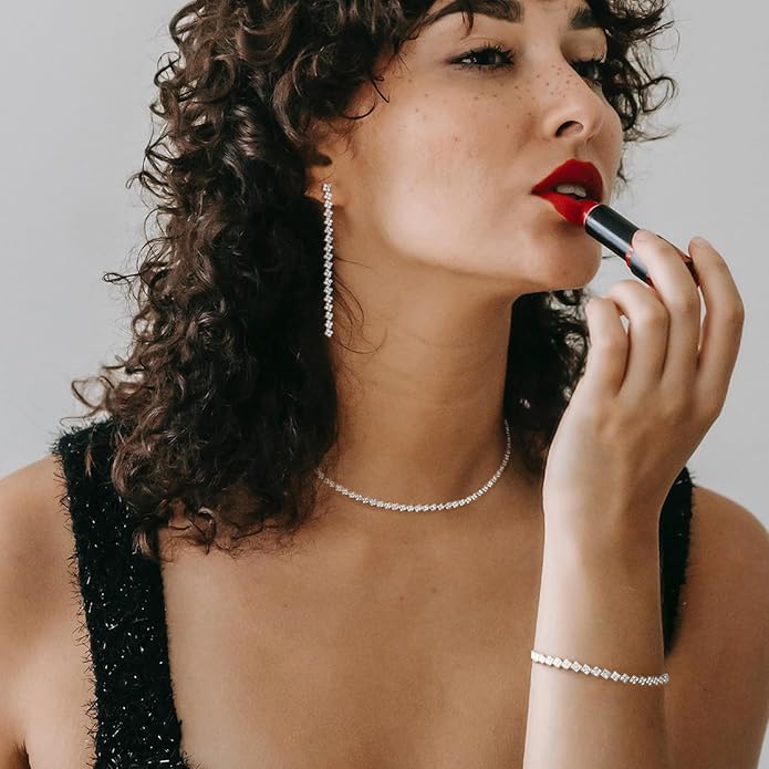 Tennis Necklace Bracelet for Women, Sterling Sliver, Dainty Chocker Necklace, Crystal Bracelet for Women, Wedding Jewelry for Bride, Sparkly Party Prom Hypoallergenic