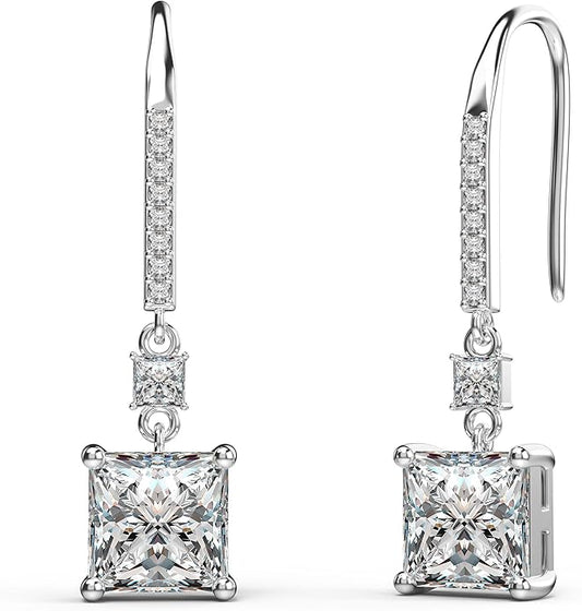 18K White Gold Plated Sterling Silver Square Princess Cut Cubic Zirconia Dangle Earrings for Women Square CZ Diamond Drop Dangling Earrings for Women Mom Hypoallergenic