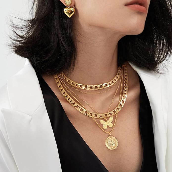 MJartoria Layered Necklaces for Women Trendy Retro Coin Pendant Necklace Dainty Chunky Chain Choker Necklaces for Jewelry Birthday Gifts