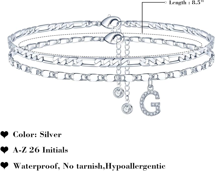 Ursteel Ankle Bracelets for Women, 14K-Gold-Plated Dainty Layered Chain CZ Initial Anklets Set Summer Jewelry Gifts for Women