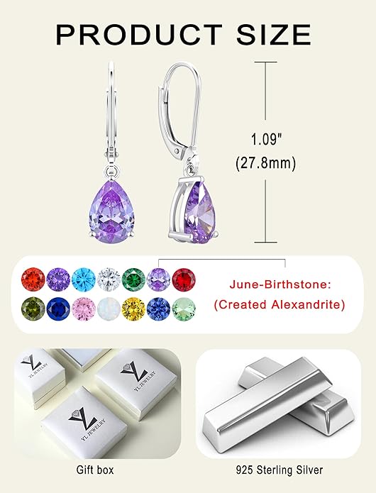 YL 925 Sterling Silver Teardrop Dangle Drop Earrings for Women 7x10 MM Solitaire Birthstone Leverback Jewelry