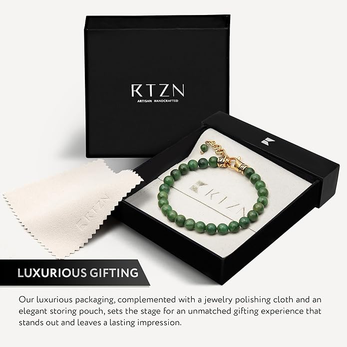 RTZN Jade Bracelet for Men – Premium Artisan Handcrafted Authentic Dark Green Jade Bracelet – 8MM Beaded Stone Mens Jade Bracelets