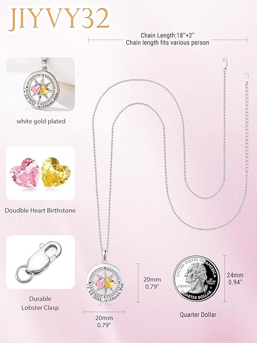 JIYVY32 Compass Birthstones Necklace for Women, Exquisite S925 Necklace Anniversary Birthday Gifts for Wife Her Double Birthstone Pendant jewelry ‘I'd be Lost Without You’