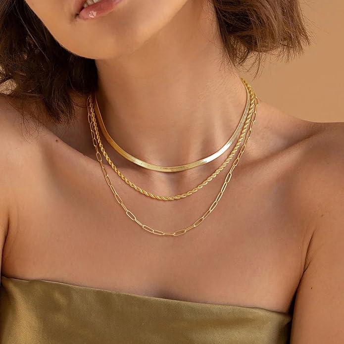 Layered Gold Necklace for Women Dainty 14K Gold/Silver Plated Stacked Necklace for Women Trendy Cuban Paperclip Herringbone Chain Diamond Pendant Necklaces Jewelry Set Accessories Gift