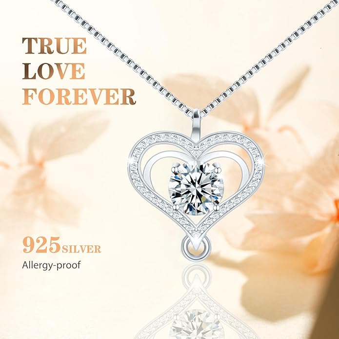 Infinity Necklace for Women, 925 Sterling Silver Heart Necklace with 5A Zircon, White Gold Plated Adjustable Chain, Gift for Valentine's Day, Birthday, Anniversary for Wife, Girlfriend, Mom