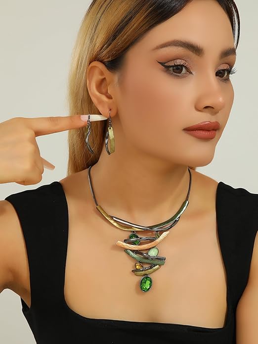 Chunky Statement Jewelry Set Vintage Retro Leaf Flower Floral Geometric Bohemian Boho Bib Necklace Earring Set Fashion Costume Jewelry for Women Girls Wedding Party Prom Unique Gift