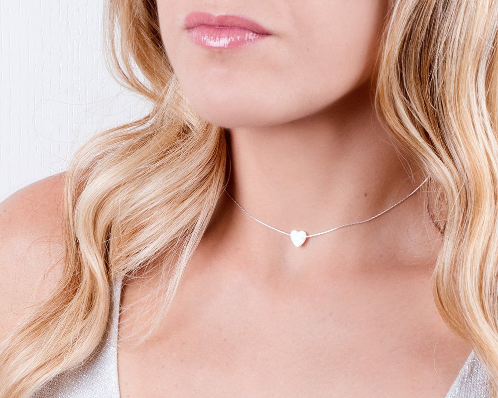 White Opal Heart On Sterling Silver 925 Choker Necklace - Designer Handmade Minimal Necklace for Women - Length: 13.5 inch + 3 inch Extender (sterling silver, white)