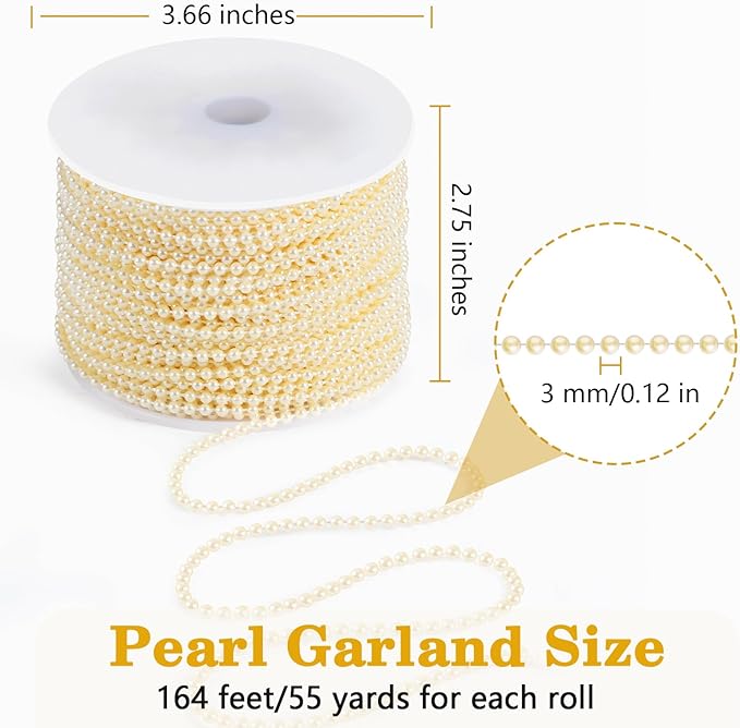164 Feet Faux Pearl Garland, 3mm Pearl String Roll Strands, Extended String of Pearls Garland for Christmas Tree Wedding Party Decoration Centerpieces Flowers DIY Crafts (Ivory)