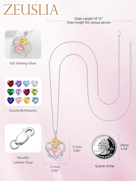 Zeuslia Double Birthstone Necklace Gifts for Wife - 925 Sterling Silver Sunflower/Rose/Crown Cross/Compass/Heart Pendant I Love You Necklace, Anniversary Birthday Gifts for Wife Girlfriend Mom Her