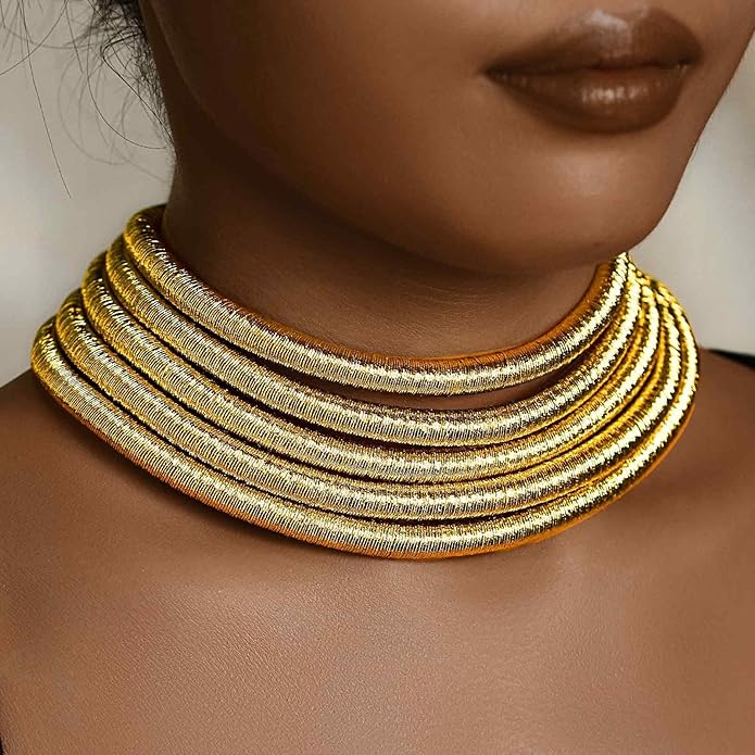 African Choker Necklace Gold Rope Weave Collar Layered Boho Tribal Chokers Multilayer Statement Party Jewelry Accessories for Women