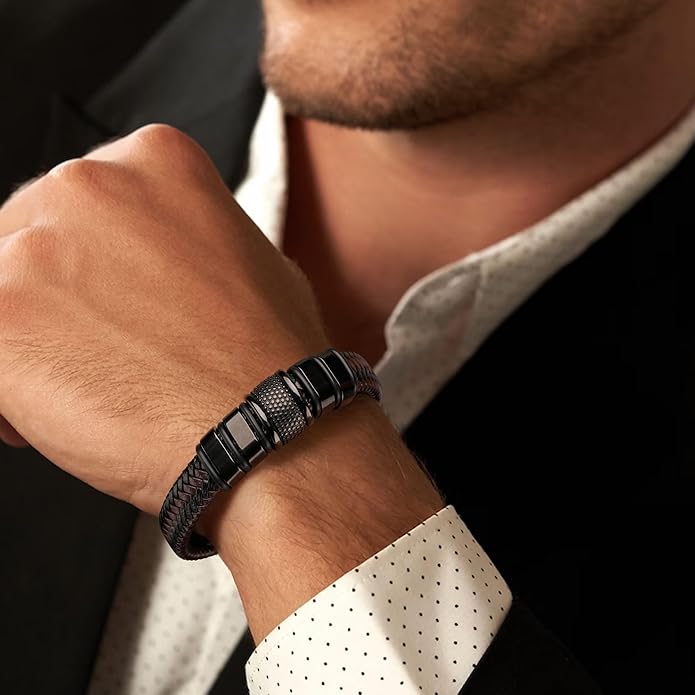 𝐆𝐢𝐟𝐭 𝐟𝐨𝐫 𝐌𝐞𝐧 Braided 𝐋𝐞𝐚𝐭𝐡𝐞𝐫 𝐁𝐫𝐚𝐜𝐞𝐥𝐞𝐭 for Men Dad Husband Boyfriend Son Grandson Brother Stainless Steel Clasp Engraved with Love You Forever Jewelry Birthday Gift 7.5 8.5 9 Inch