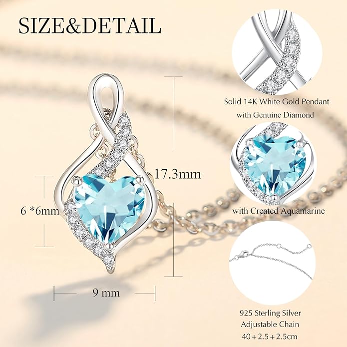 FANCIME 14K Solid White Gold Infinity Heart Birthstone Necklace for Women with Diamond Pendant Birthday Gifts for Mom Women Sterling Silver Chain 16" + 2" Extender