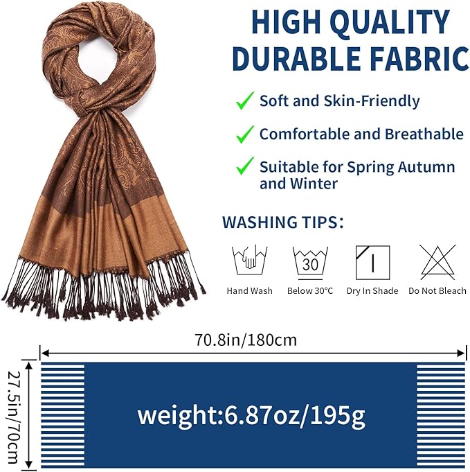 QIUTIMIY Paisley Pashmina Shawl Wrap Women Reversible Vintage Jacquard Pashmina Rave Scarf with Fringe for Evening, Wedding