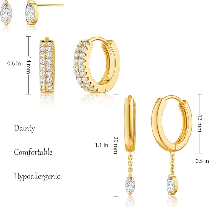 3 Pairs Earrings Set for Multiple Piercings, Gold Plated Studs Hoop Earrings Stack, CZ Dangle Earrings Set, Hypoallergenic for Sensitive Ears, Women's Gift