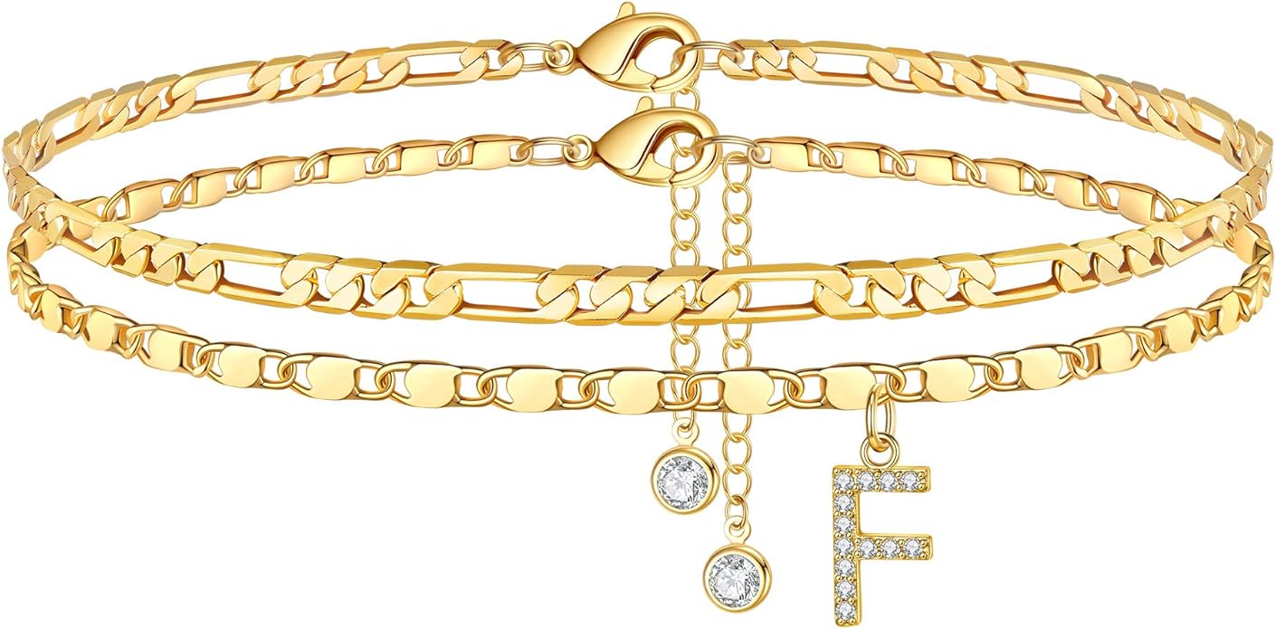 Ursteel Ankle Bracelets for Women, 14K-Gold-Plated Dainty Layered Chain CZ Initial Anklets Set Summer Jewelry Gifts for Women