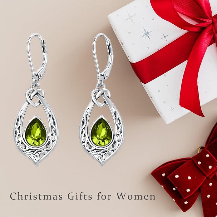 Celtic Knot Dangle Earrings 925 Sterling Silver Oxidized Vintage Drop Leverback Earrings with 8 * 6mm Simulated Birthstone Crystal Christmas Jewelry Gifts for Women (Gift Box)