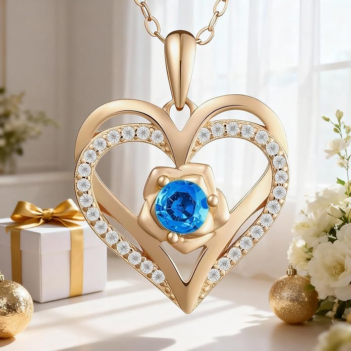 Birthstone Pendant Necklace for Women, Heart Jewelry with Rose Flower Birthday Gift Idea for Wife Girlfriend Mom Friendship on Valentine‘s Day Anniversary Christmas Wedding, 925 Sterling Silver