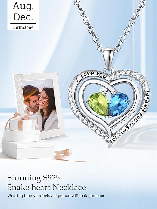 Zeuslia Double Birthstone Necklace Gifts for Wife - 925 Sterling Silver Sunflower/Rose/Crown Cross/Compass/Heart Pendant I Love You Necklace, Anniversary Birthday Gifts for Wife Girlfriend Mom Her