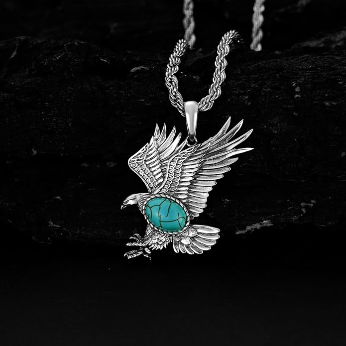 BETHZA Eagle Necklace for Men 925 Sterling Silver Real Gemstone Vintage Hawk Pendant Western Viking Animal Jewelry Gifts for Father