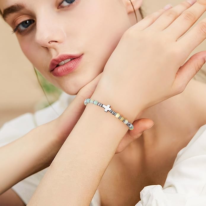 VIBILIA Cross Beaded Bracelets for Women, Inspirational Natural Heart Religious Bracelets for Women, Birthday Christian Gifts for Women on Thanksgiving Christmas Gifts