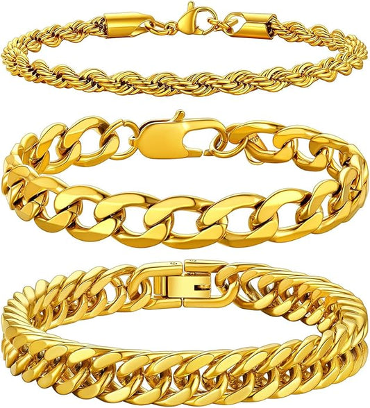 Richsteel 2PCS/3PCS Bracelets Chain for Men Women Stainless Steel Silver/Gold/Black Cuban/Rope Link Chain Bracelets Set, 7.4/8.2/9 Inch Hand Chain Length for Men Women Jewelry