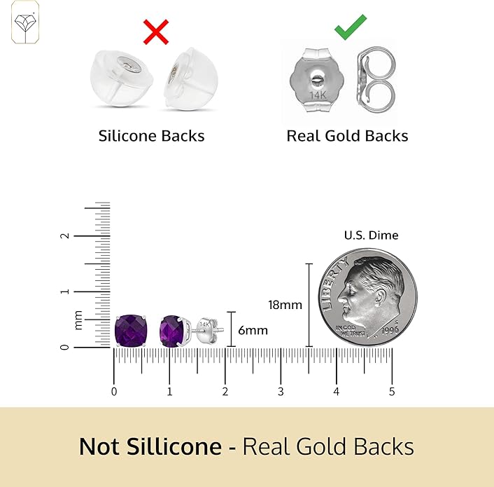 14k Gold 6MM Cushion Cut Stud Gemstone Earrings | Hypoallergenic Solitaire Gemstone Studs with 14K Gold Backs | Lightweight Birthstone Earrings with Gift Box by MAX + STONE